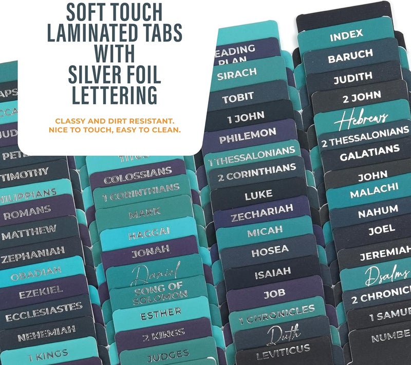 OFFILICIOUS Bible Book Tabs, 100 Silver, Soft-Touch, Laminated Bible Tabs for Study Bible, Durable Tabs for Bible, Protestant & Catholic Bible Tabs Large Print, Purple & Blue Bible Tabs for Women & Men - Image 5
